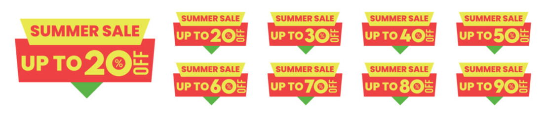 Summer Sale Tags with 20 30 40 50 60 70 80 90 percent off. Discount banners and promotional labels