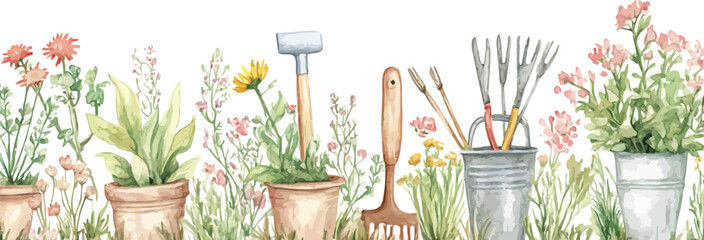 Gardening Harmony: A watercolor illustration captures a charming garden border, with flourishing potted plants and essential gardening tools, evoking a sense of tranquility and the beauty of growth.