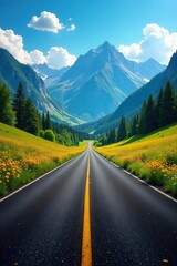 Fototapeta premium A ribbon of asphalt threads through a wildflower-filled valley, mountains in the background , sunlight, flower meadow, path