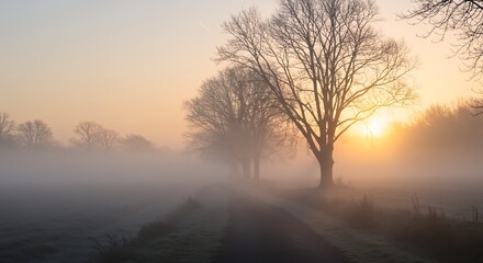 Foggy Landscape with Trees and Sunrise