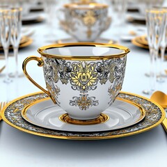 Fototapeta premium Elegant White Teacup with Gold Accents and Floral Pattern