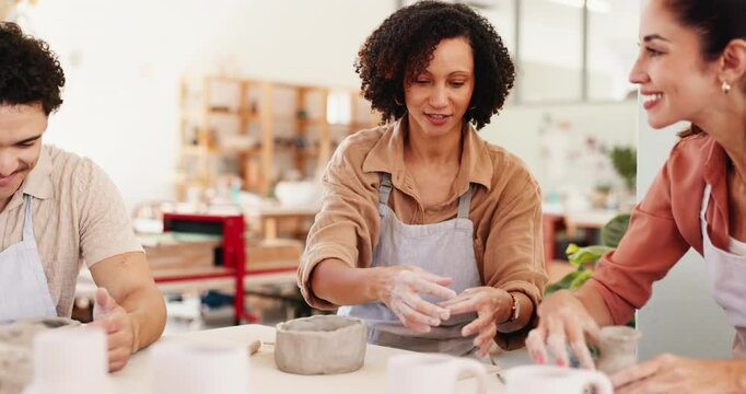 People, instructor and molding clay for pottery with sculpture design, learning technique and art process. Potter, women and instructions for craft production, teaching method and creative workshop