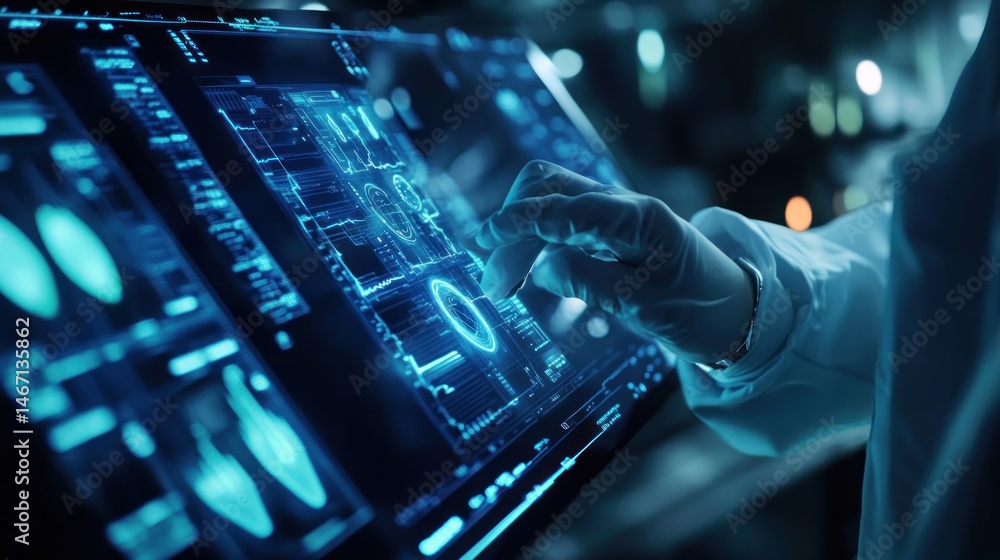 Poster gloved hand interacts with a futuristic, glowing touchscreen interface displaying data analytics.