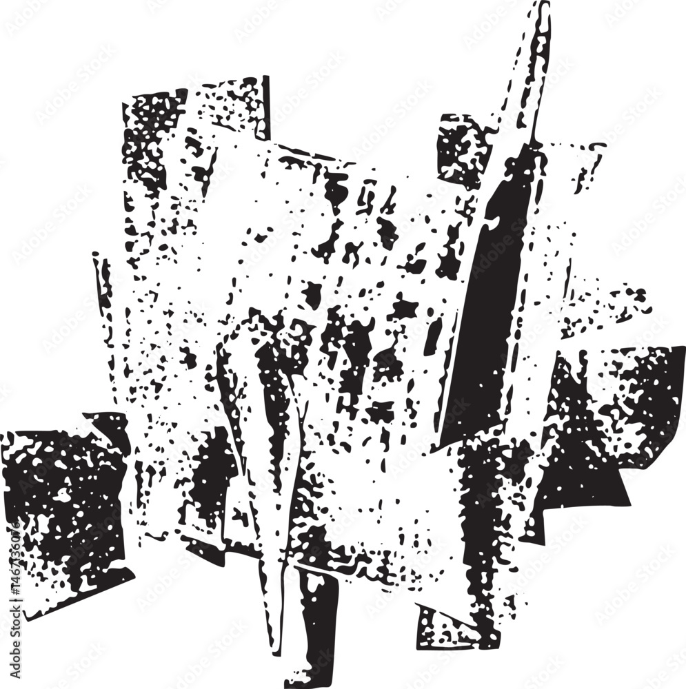Poster abstract figures emerge from fragmented shapes in a grayscale composition.