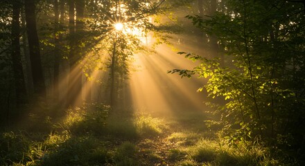 Sun Rays Through Trees in Forest