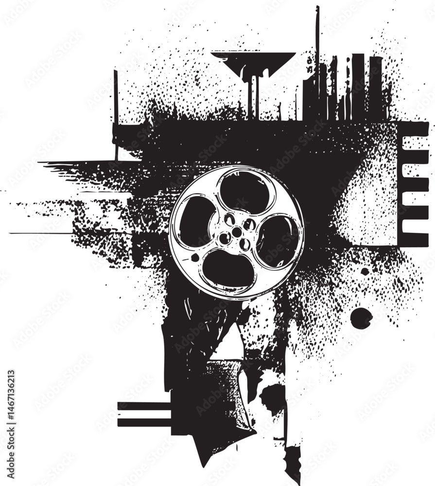 Poster a grayscale film reel is partially obscured by abstract angular shapes and textured lines.