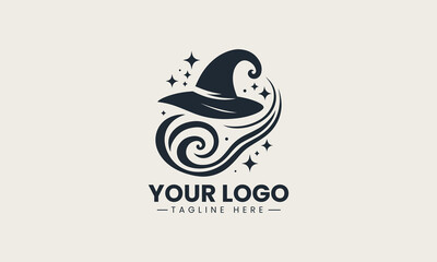 Fototapeta premium Black outline logo design of classic witch hat with magical swirl and stars