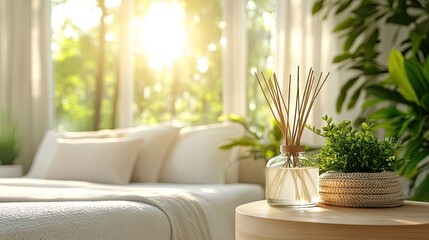 Sunlight streams into a bedroom filled with plants and aroma diffuser.