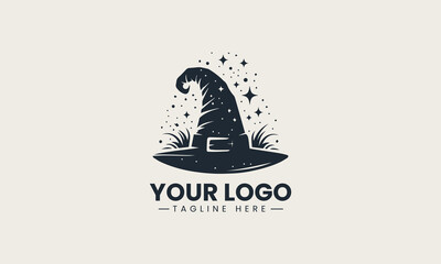 Black vector illustration of pointed witch hat with magical spark elements for logo use
