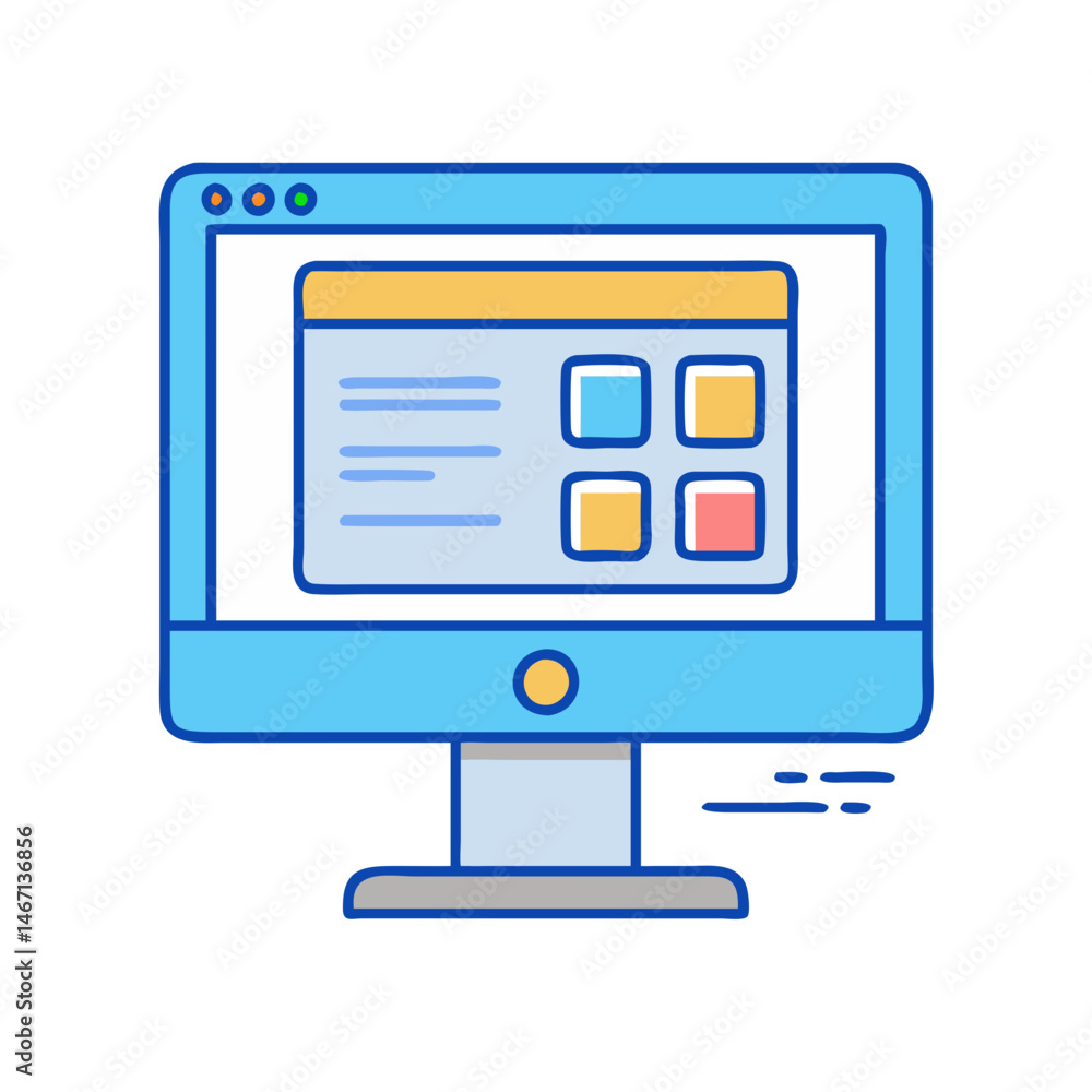 Poster illustration of a desktop computer screen displaying a website interface design layout concept
