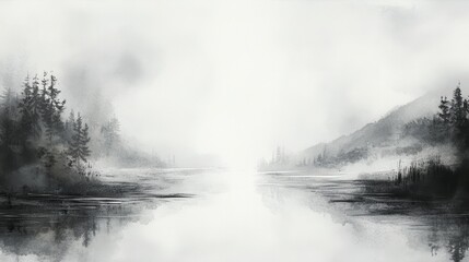 Fototapeta premium Minimalist Ink Painting of a Gently Flowing River