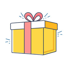 Yellow gift box with blue ribbon and bow present surprise birthday celebration holiday vector graphic