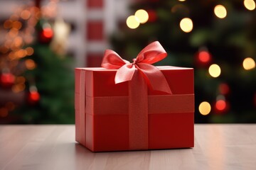 A magical Christmas gift red box with a festive ribbon sits on a wooden table against a softly lit