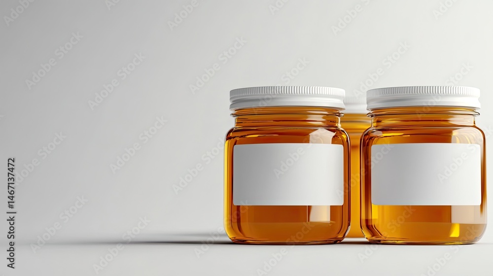 Poster honey jar mock-up with three jars and blank label for product packaging and branding