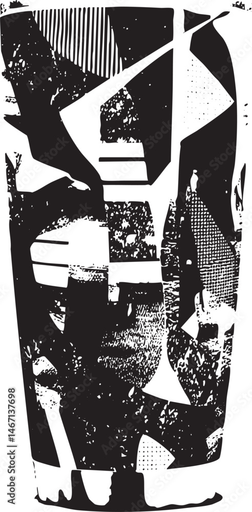 Poster a fragmented monochrome abstract shape dominates the .