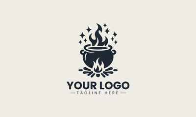 Fototapeta premium Simple vector silhouette of a cauldron boiling over flames with bubbling steam logo illustration