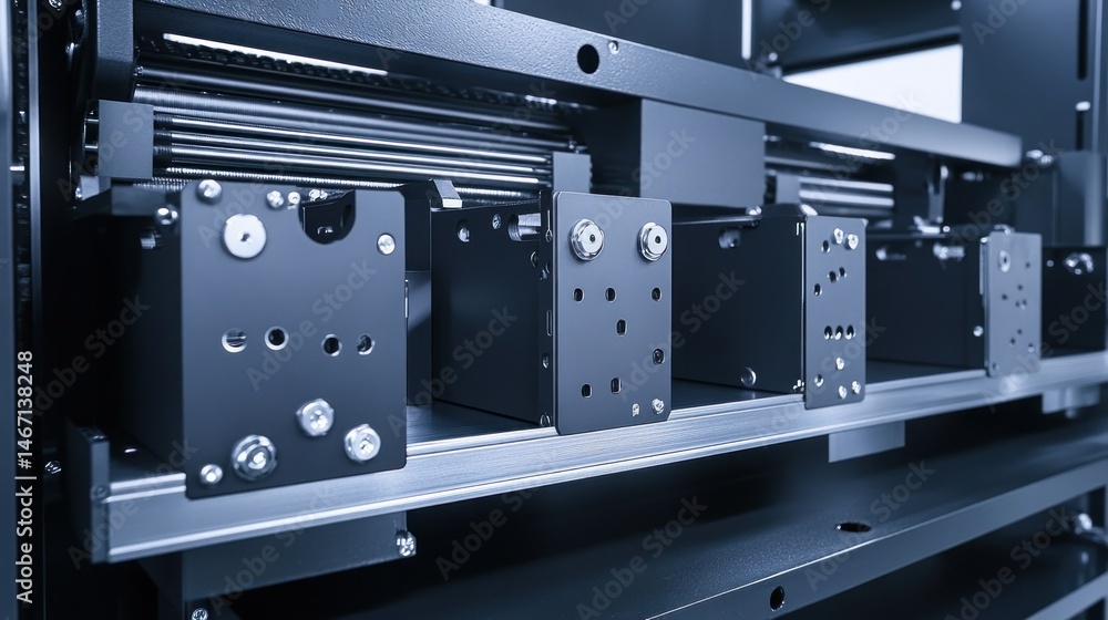 Poster close-up of industrial machine components, showcasing intricate details of metallic parts and precis
