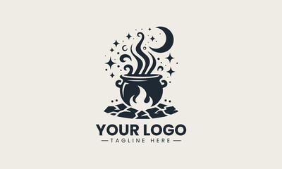 Silhouette of black cauldron bubbling on fire in simple vector logo illustration design