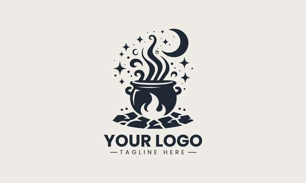 Silhouette of black cauldron bubbling on fire in simple vector logo illustration design