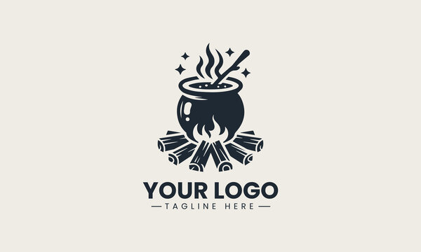 Silhouette of black cauldron bubbling on fire in simple vector logo illustration design