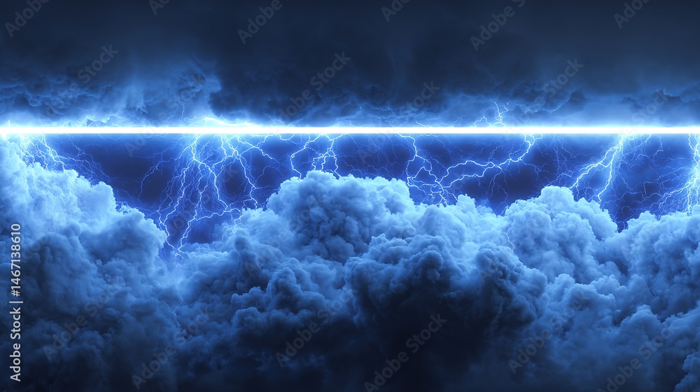 Poster realistic thunder light and blue smoke cloud bottom frame, mysterious lightning glow border wide pan