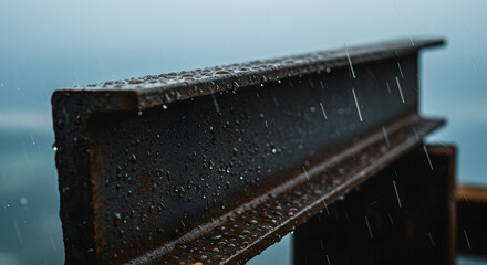Rainy Day On Industrial Iron Beam Featuring Water Droplets And Steel Structure