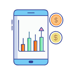 Mobile stock market analysis app showing financial growth chart and investment profit coins icon