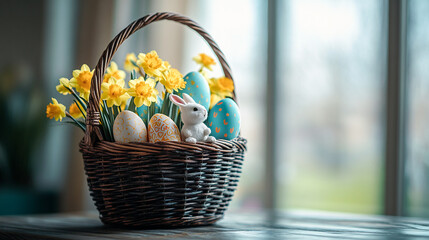 Wicker basket overflowing with pastel-colored easter eggs, accompanied by a bouquet of daffodils and a charming bunny figurine, creates a cheerful easter centerpiece