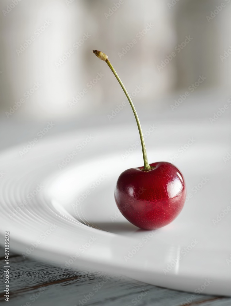 Poster cherry stem elegantly balanced on the edge of a white plate in a serene dining setting generative ai