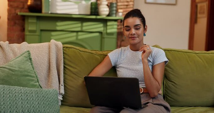 Freelancer, thinking and woman with laptop on sofa for creative inspiration, proofreading and editing article. Remote work, writer and happy with blog research, editor feedback and story development