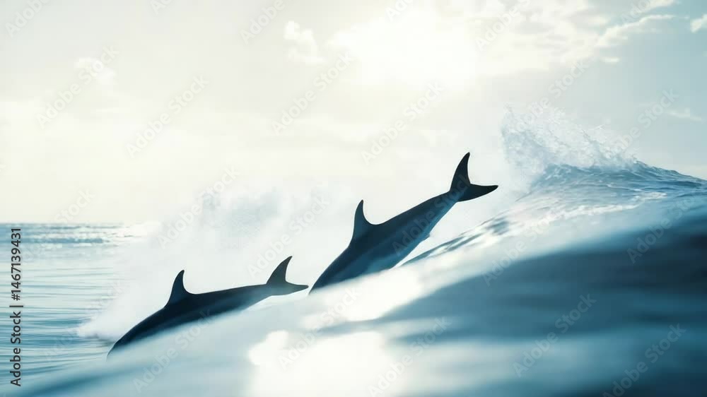 Poster two dolphins joyfully jumping and playing together over a breaking wave in the ocean at sunset, crea