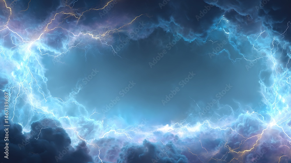 Poster realistic thunder light and blue smoke cloud bottom frame, mysterious lightning glow border wide pan