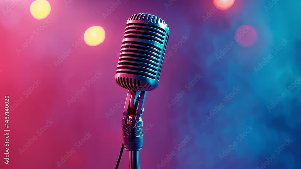 Poster classic microphone rotating slightly on a stage illuminated by colorful neon lights, creating a vibr