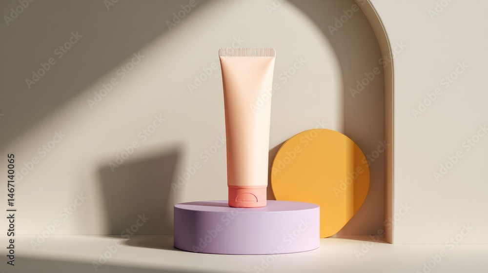 Poster cosmetic tube displayed on a pastel podium with soft shadows in a minimalistic setting generative ai