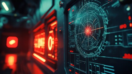 Obraz premium Futuristic spaceship control panel with red and blue digital displays and targeting system.