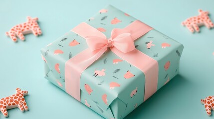 Obraz premium A pastel-wrapped gift box with animal-themed paper and a pink ribbon, surrounded by cute giraffe toys on a mint-green background.
