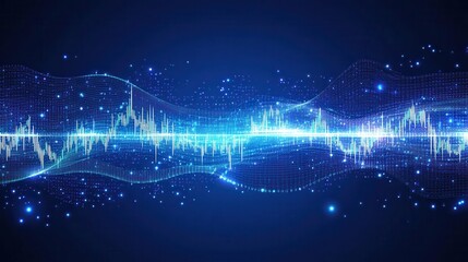 Abstract dark blue digital wave with glowing particles visualization sound energy motion dynamic flow waveform futuristic technology