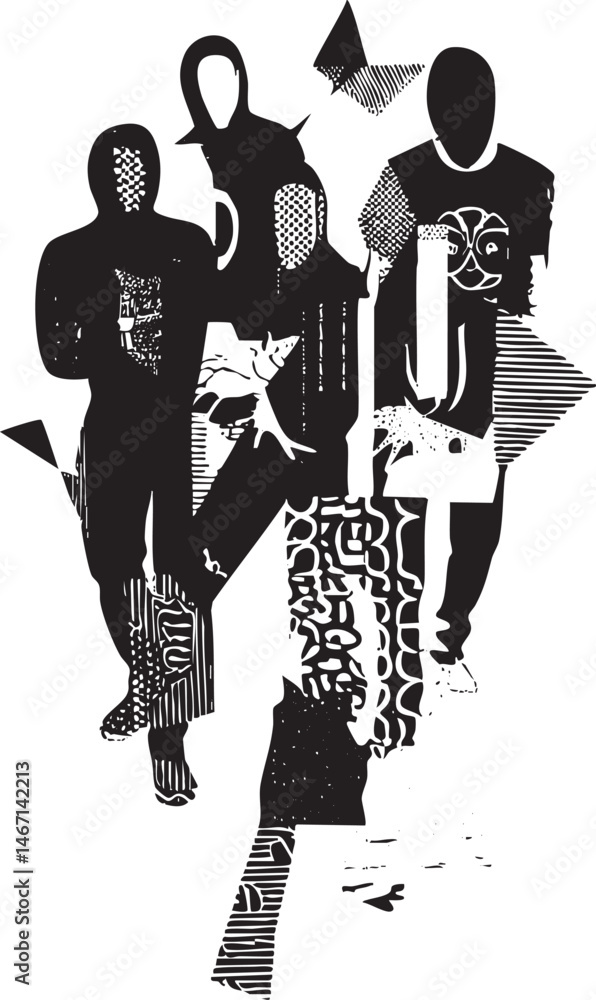 Poster silhouetted figures engage in a dynamic layered composition with intricate .