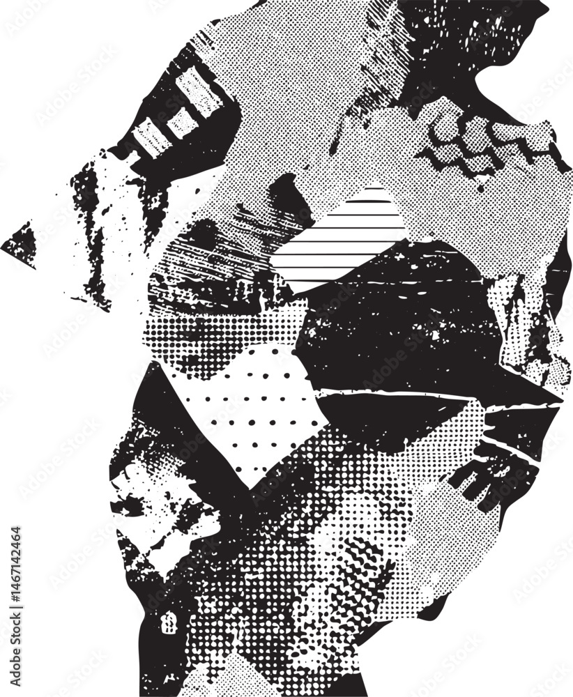 Poster a grayscale portrait features a fragmented face constructed from geometric shapes and textures.