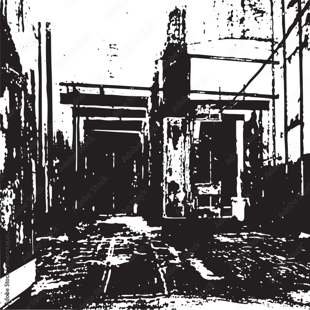 Poster a weathered elevated structure stands in a desolate urban setting.