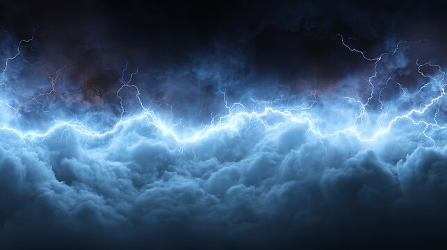 Realistic thunder light and blue smoke cloud bottom frame, mysterious lightning glow border wide panoramic element