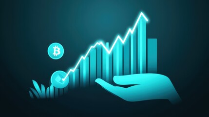 Cryptocurrency investment growth concept with upward trend chart and bitcoin symbols on a turquoise background for digital finance future