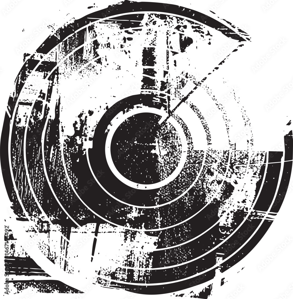Poster a distressed circular with concentric rings and textured edges.