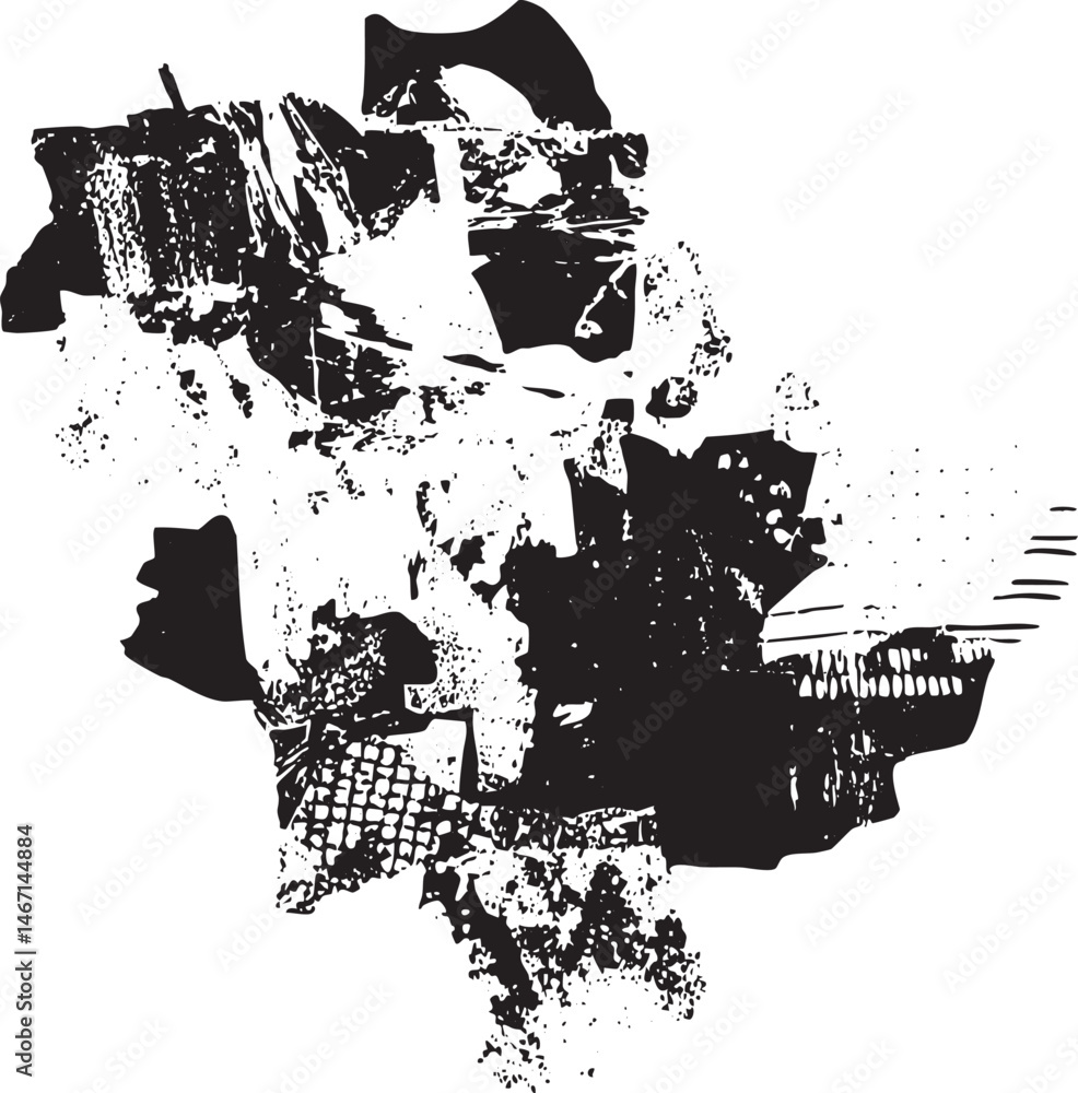 Poster abstract black and white shapes overlap creating a textured composition.