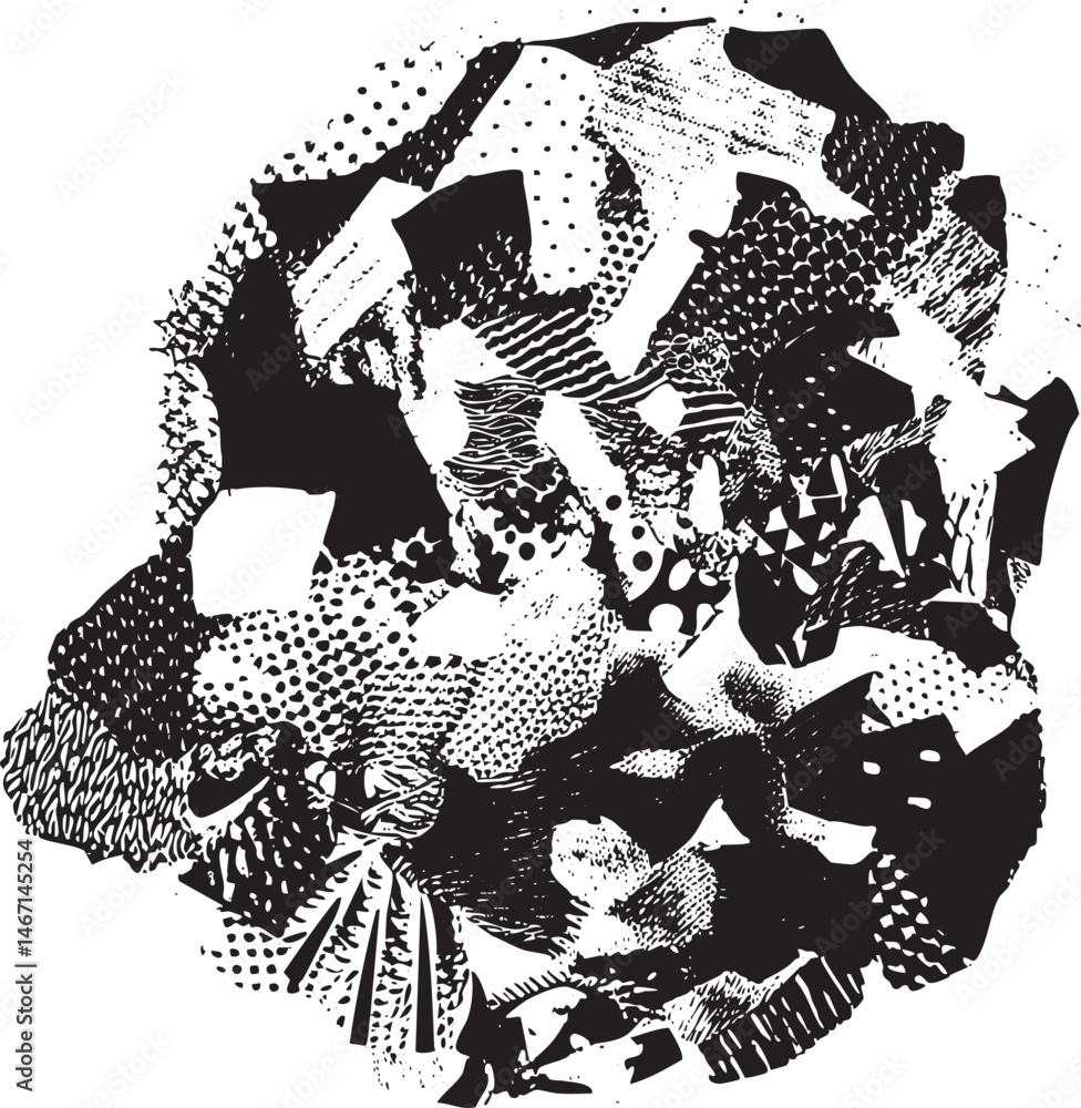Poster a densely patterned abstract features overlapping geometric shapes in shades of black and white.