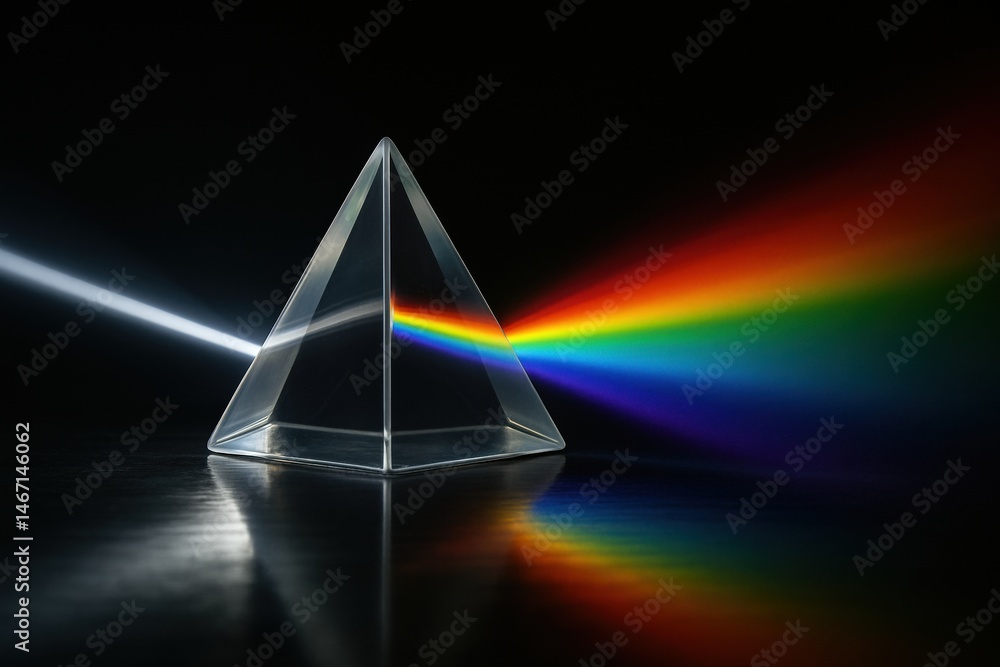 Poster prism bends light rainbow spectrum reflected from clear triangle, illustrating physics of refraction