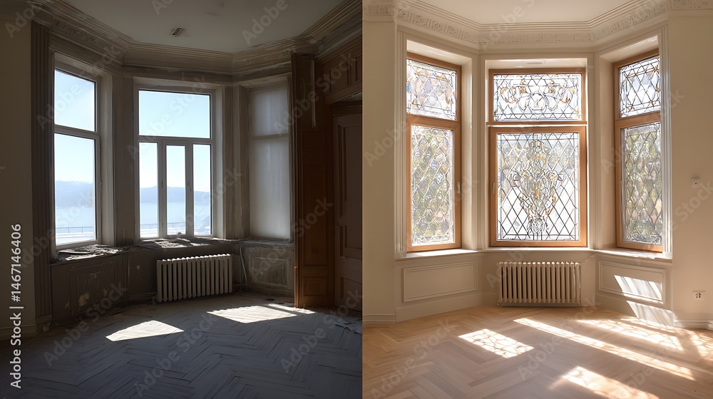 Aufkleber Renovated rooms with spacious windows and heating systems, both before and after the restoration process, examination of the differences between an old apartment and a newly renovated residence