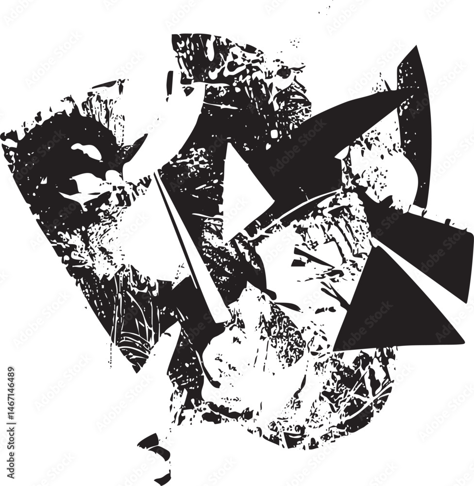 Poster fragmented black and white shapes create a dynamic abstract composition.