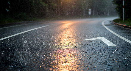 A Rainy Evening On A Long Road Curve With An Arrow Sign