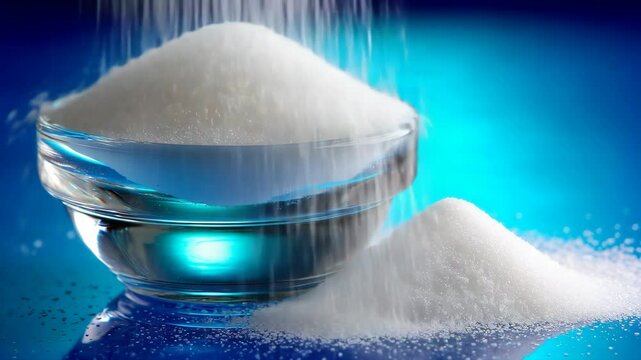 Refined white sugar being poured into a transparent bowl against a bright blue background ready for baking or sweetening